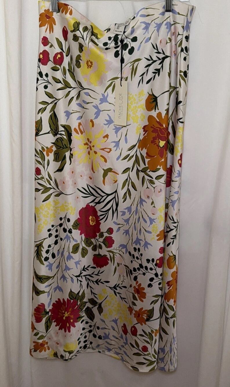 Rachel Zoe Women's L Floral Long Satin Skirt White/Multi